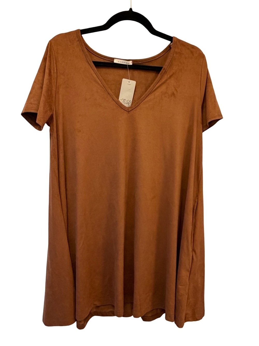 Cherish Brown Faux Suede Short Sleeve V-Neck Short Mini Dress Pullover Size L